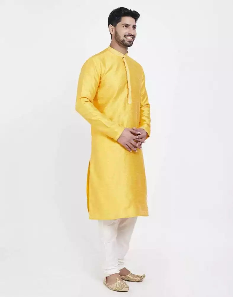 Image of Yellow Impressive Thread And Collar Work Kurta Pajama