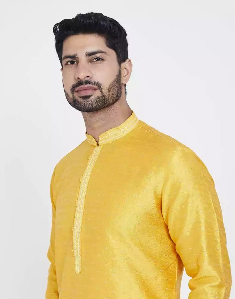 Image of Yellow Impressive Thread And Collar Work Kurta Pajama