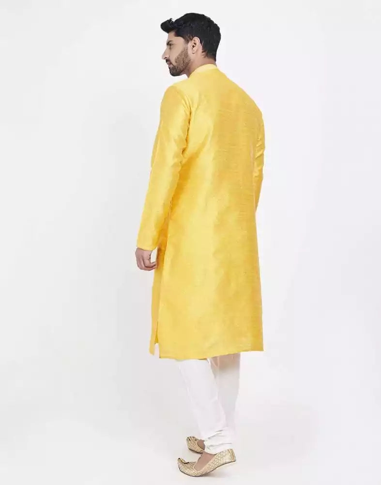 Image of Yellow Impressive Thread And Collar Work Kurta Pajama