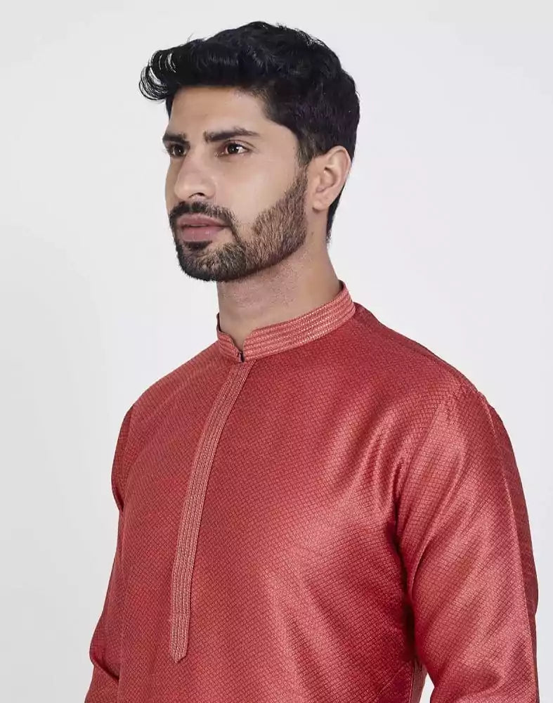 Image of Light Orange Astonishing Self Brocade Kurta Pajama Set