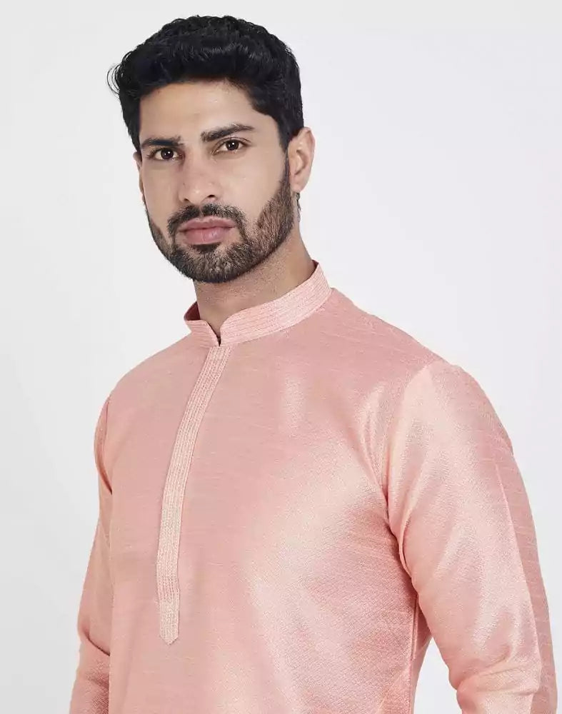 Image of Peach Astonishing Self Brocade Kurta Pajama Set
