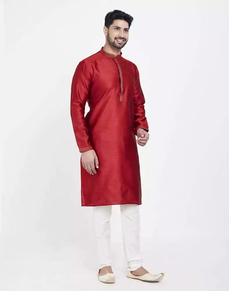 Image of Red Astonishing Self Brocade Kurta Pajama Set