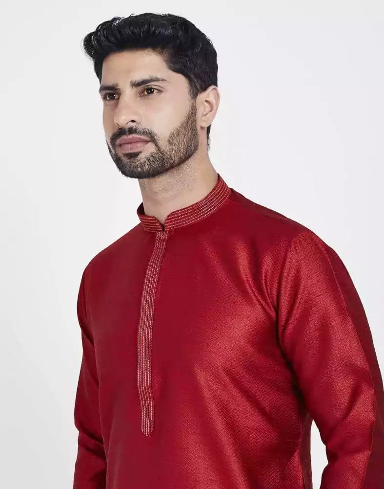 Image of Red Astonishing Self Brocade Kurta Pajama Set