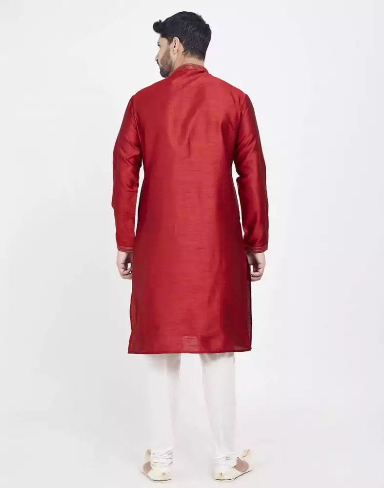 Image of Red Astonishing Self Brocade Kurta Pajama Set