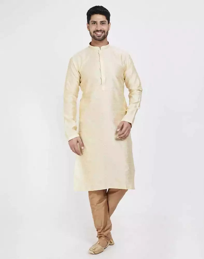 Image of Cream Self Design With Collar Patti Work Style Kurta Pajama