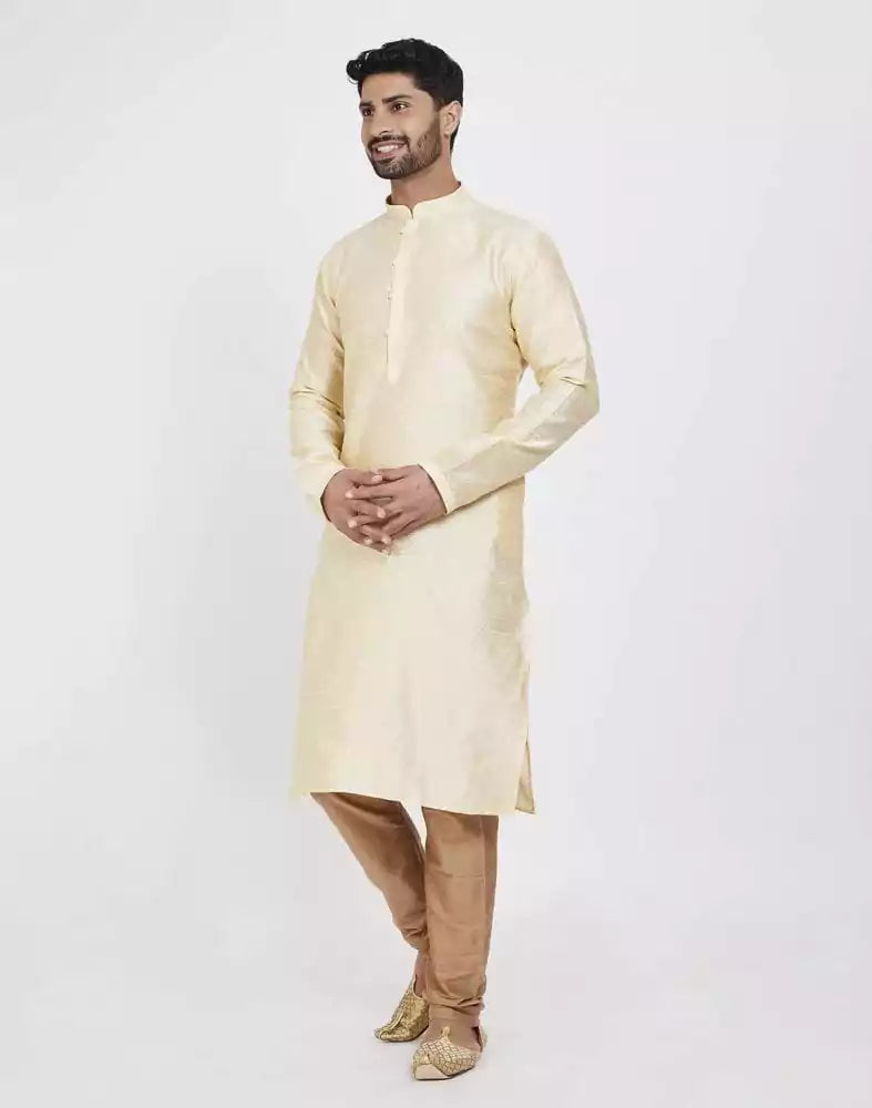 Image of Cream Self Design With Collar Patti Work Style Kurta Pajama