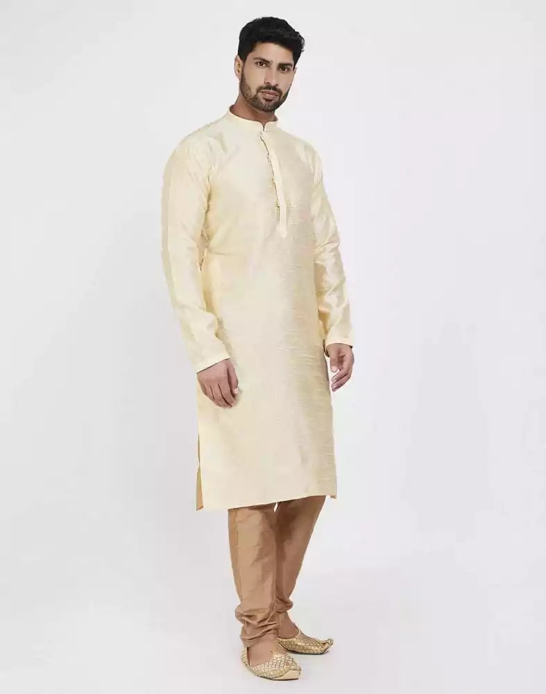 Image of Cream Self Design With Collar Patti Work Style Kurta Pajama