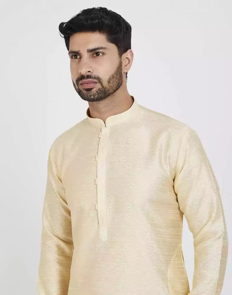 Image of Cream Self Design With Collar Patti Work Style Kurta Pajama