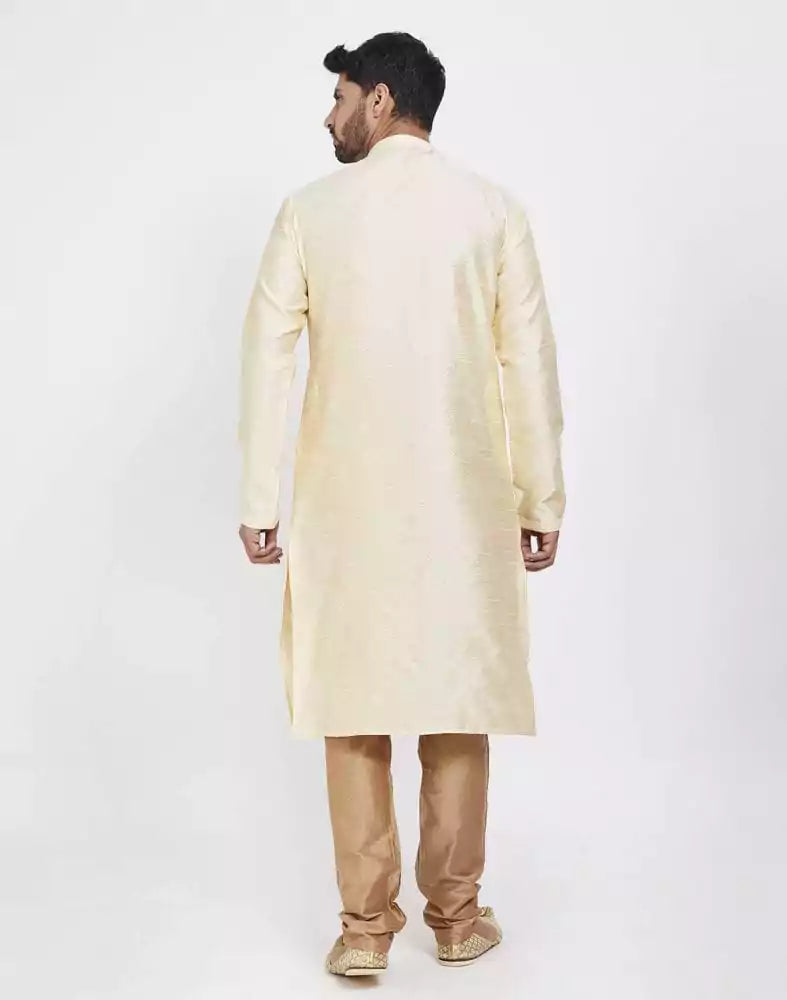 Image of Cream Self Design With Collar Patti Work Style Kurta Pajama