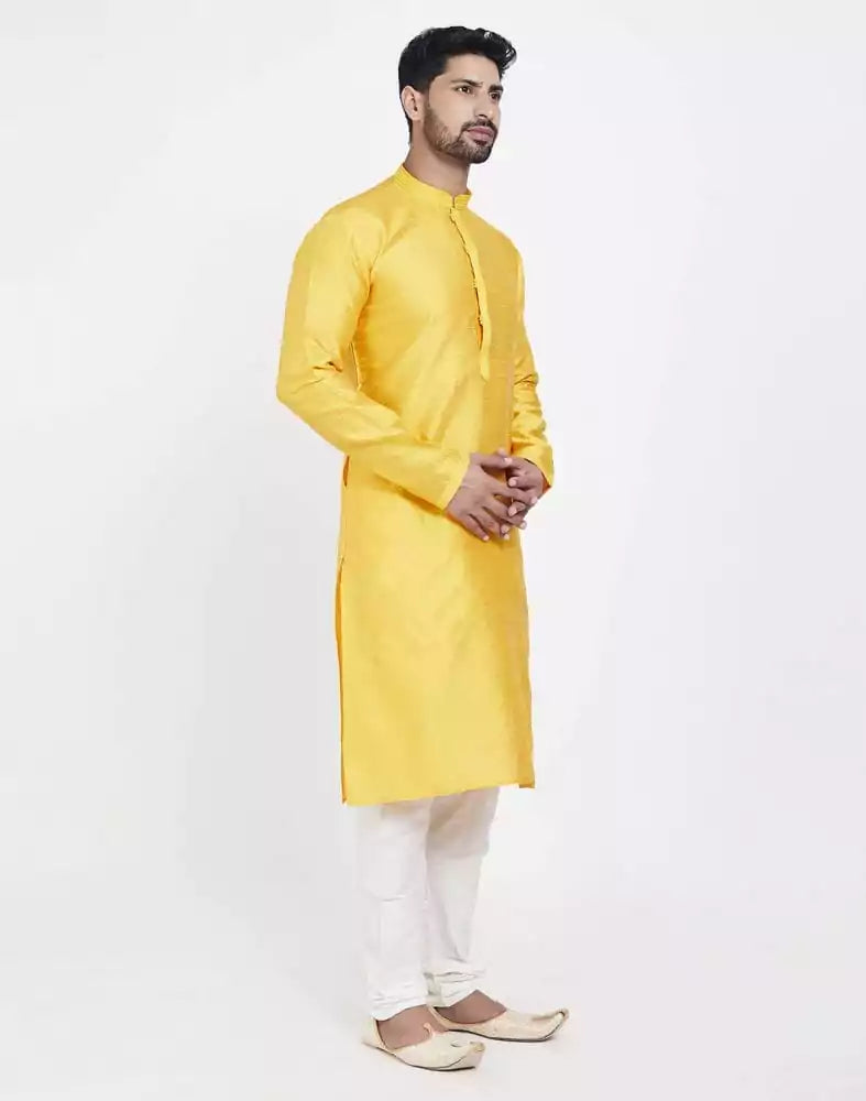 Image of Yellow Self Design With Collar Patti Work Style Kurta Pajama