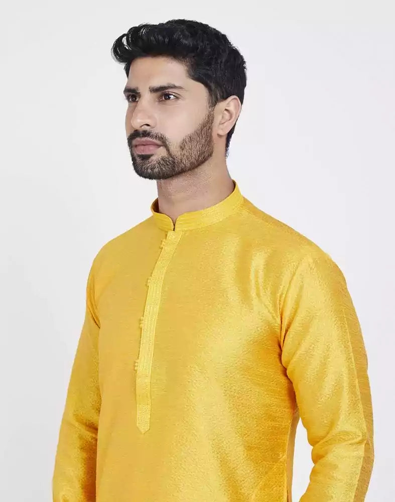 Image of Yellow Self Design With Collar Patti Work Style Kurta Pajama
