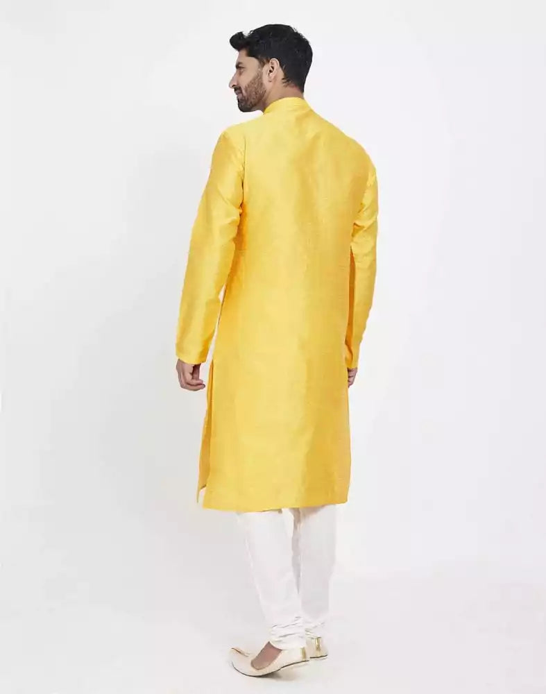 Image of Yellow Self Design With Collar Patti Work Style Kurta Pajama