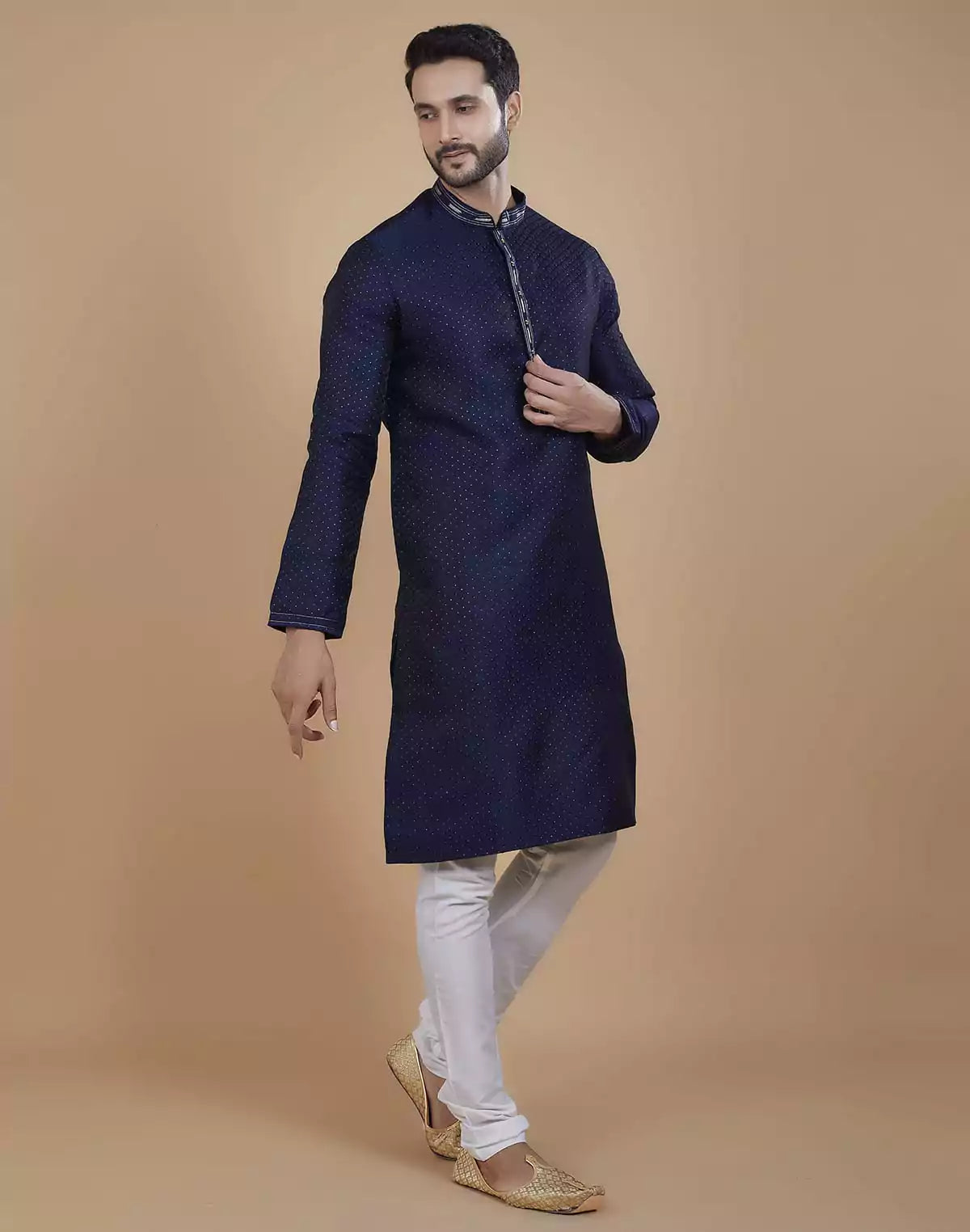 Image of Aqua Blue Polka Dots Jacquard Kurta Pyjama Set