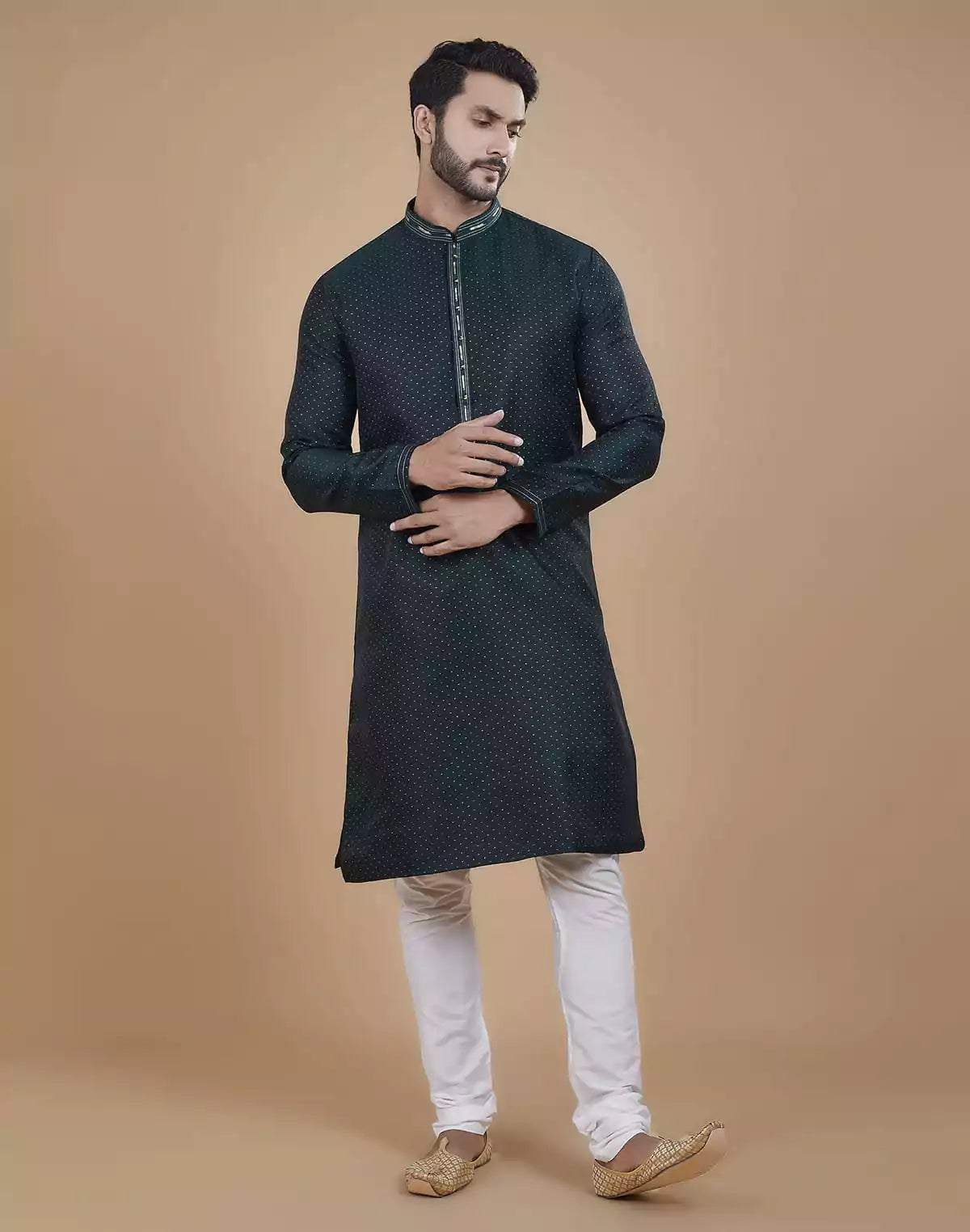 Image of Stunning Green Coloured Jacquard Kurta Pyjama Set