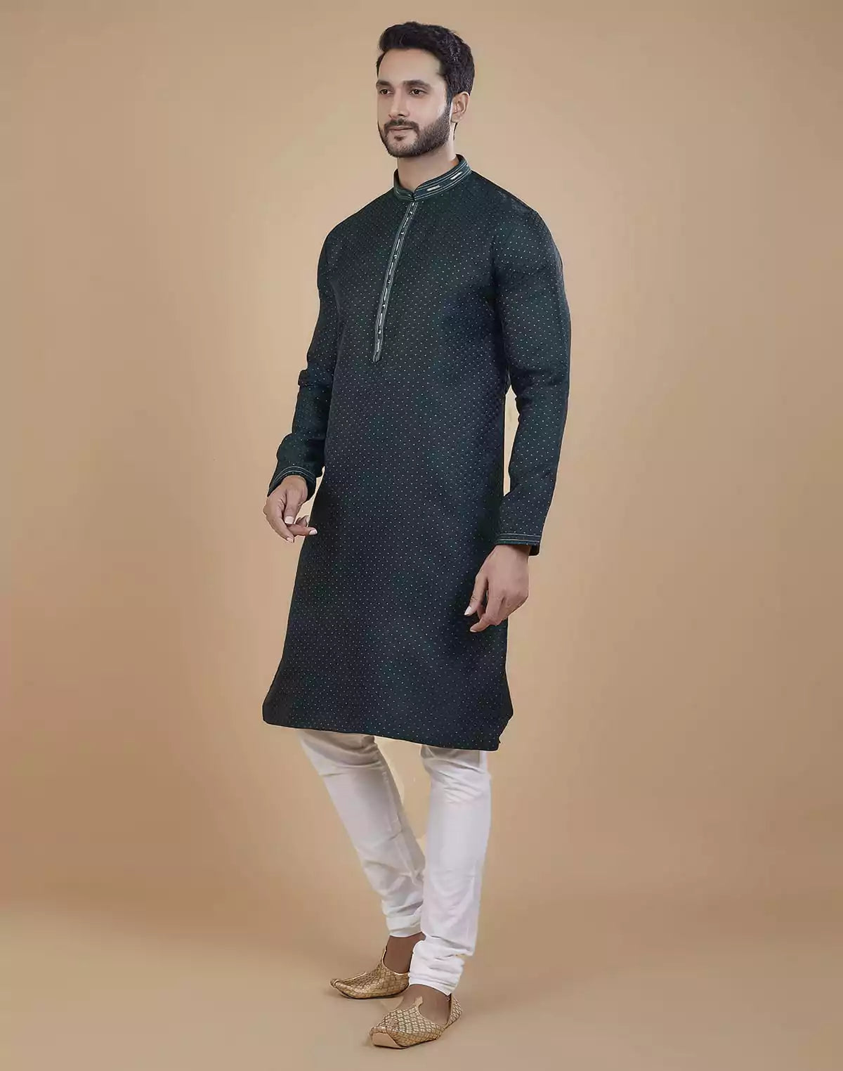 Image of Stunning Green Coloured Jacquard Kurta Pyjama Set