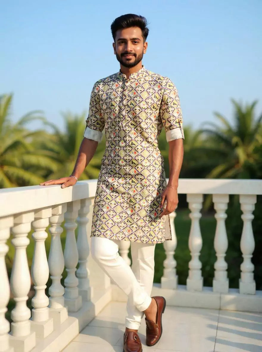 Image of Fawn Ikat Print Regular Fit Giza Cotton Kurta