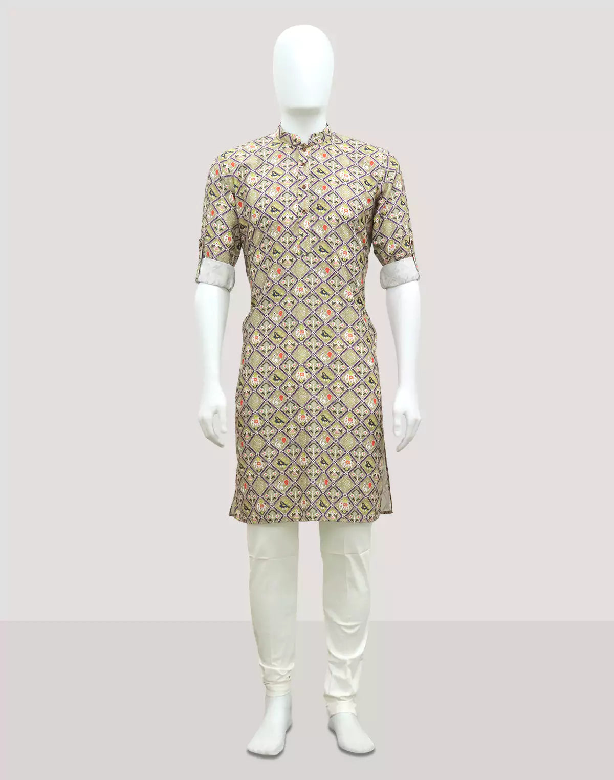 Image of Fawn Ikat Print Regular Fit Giza Cotton Kurta
