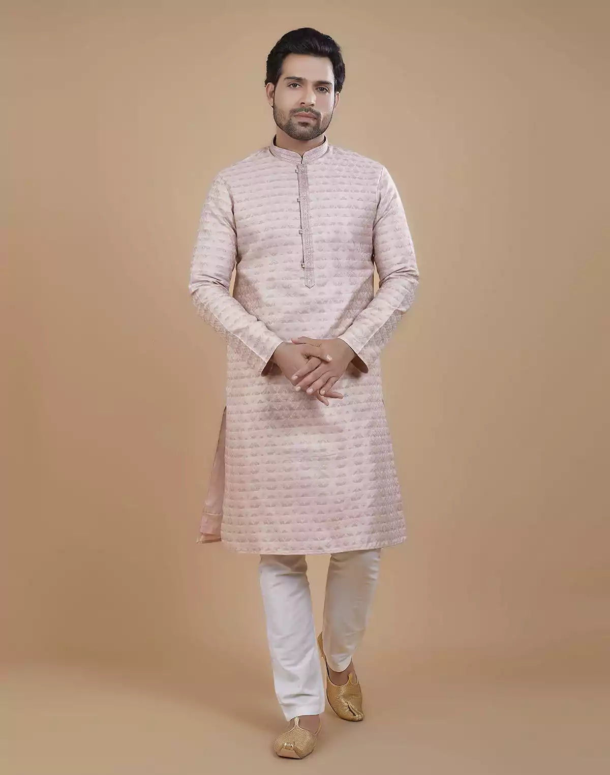 Image of Light Pink Coloured Silk Fabric Kurta Pajama Set