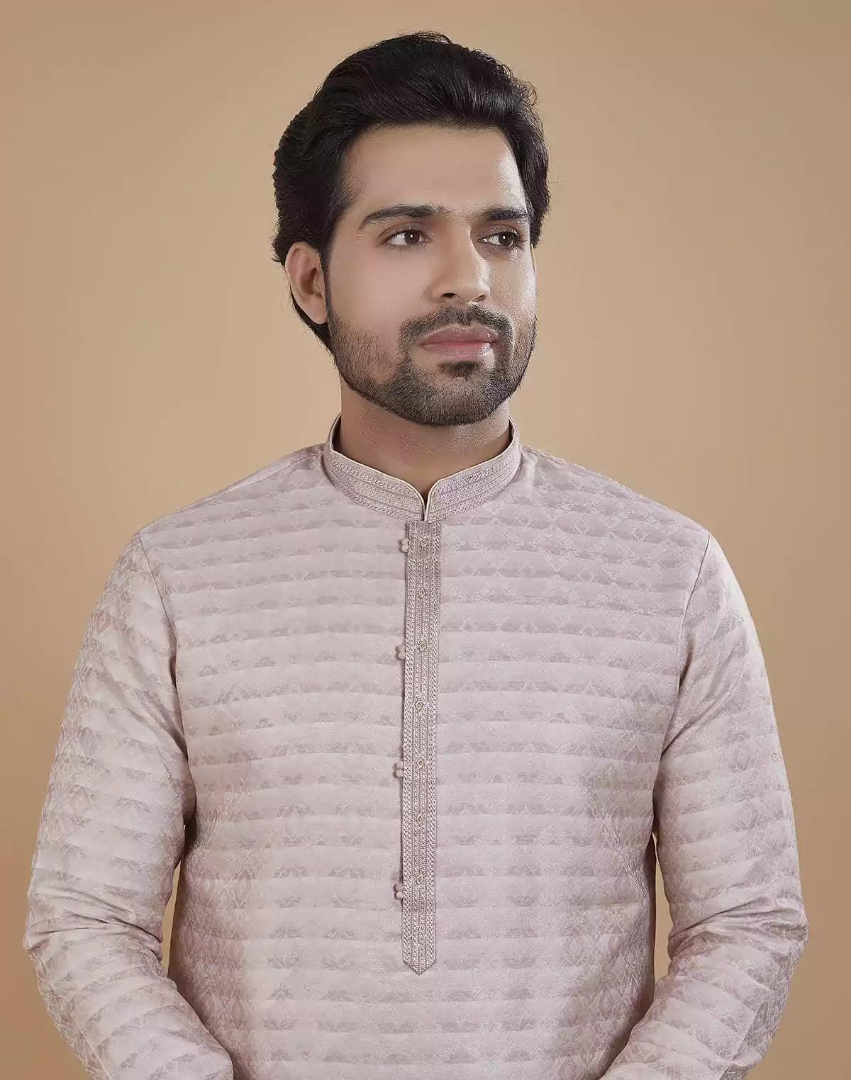 Image of Light Pink Coloured Silk Fabric Kurta Pajama Set