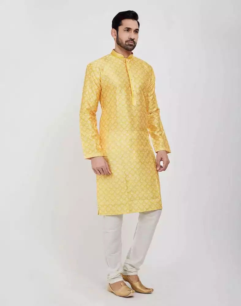 Image of Yellow Jacquard Design Kurta Pajama Set