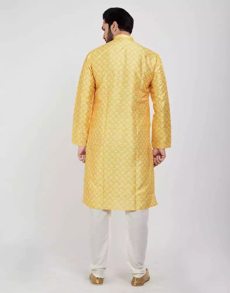 Image of Yellow Jacquard Design Kurta Pajama Set