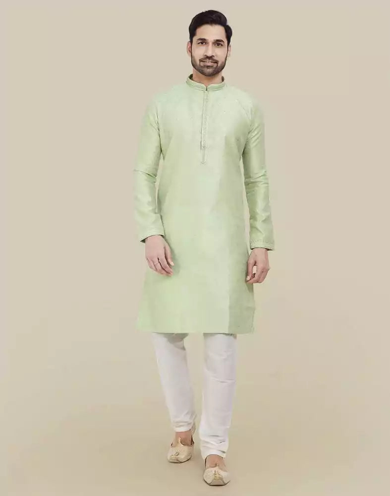 Image of Pista Green Thread & Sequence Work Kurta Pajama Set