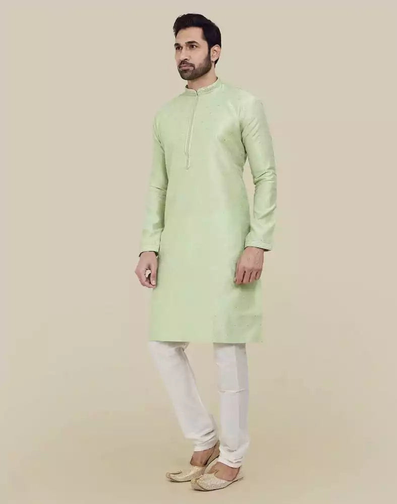 Image of Pista Green Thread & Sequence Work Kurta Pajama Set