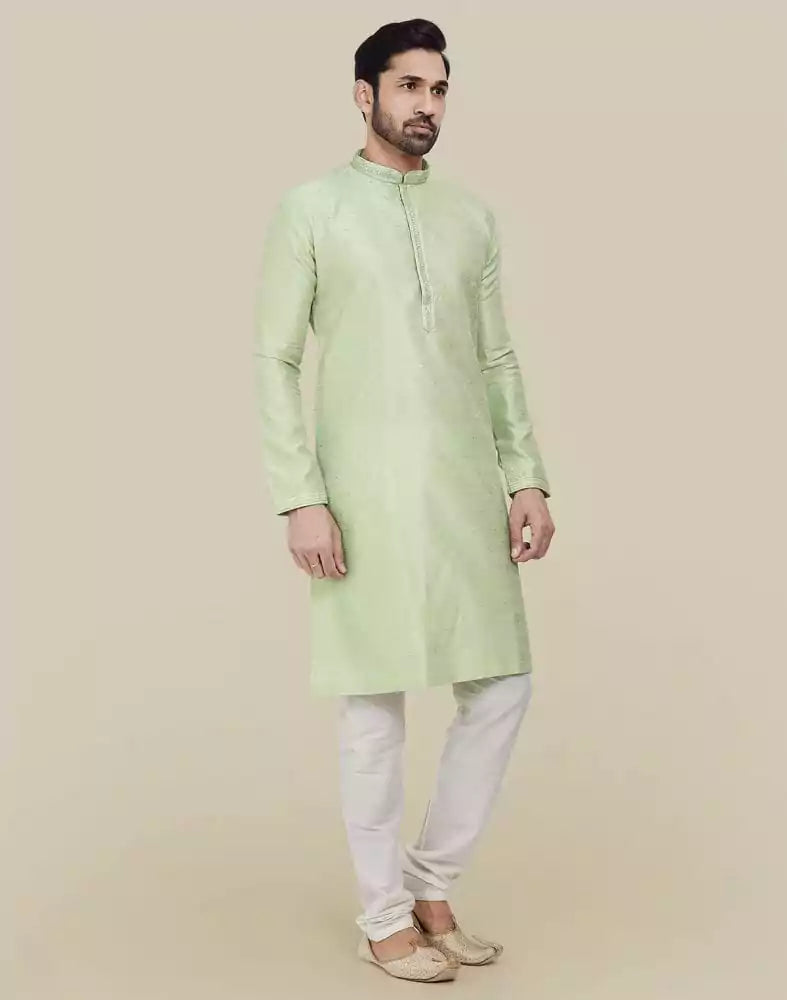 Image of Pista Green Thread & Sequence Work Kurta Pajama Set