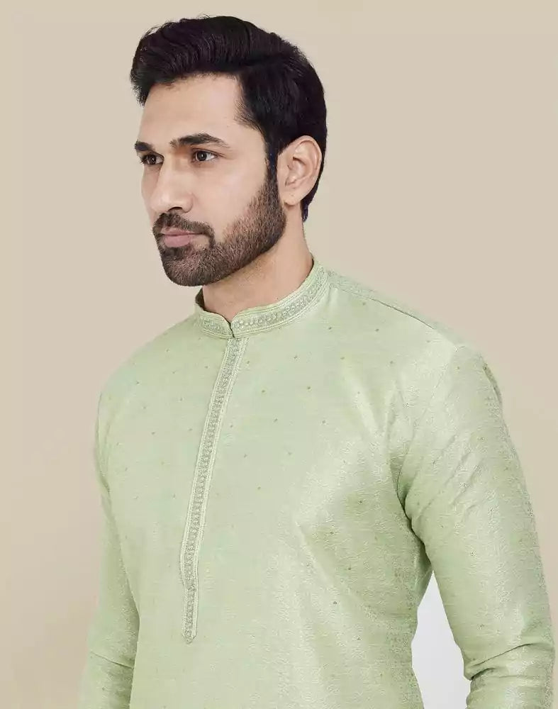 Image of Pista Green Thread & Sequence Work Kurta Pajama Set