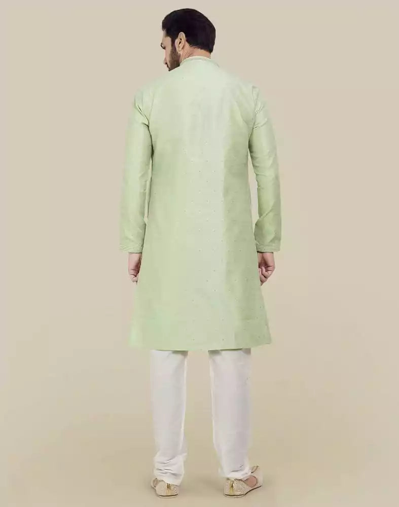Image of Pista Green Thread & Sequence Work Kurta Pajama Set