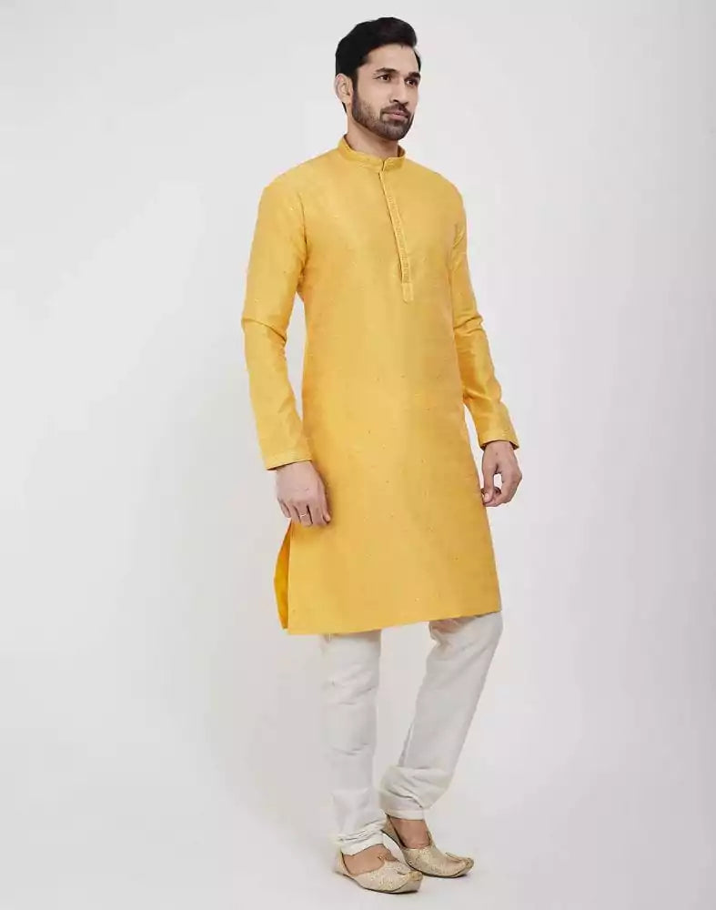 Image of Yellow Thread & Sequence Work Kurta Pajama Set