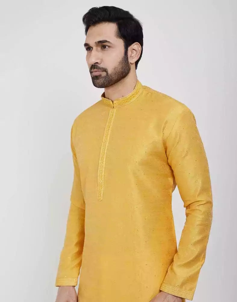 Image of Yellow Thread & Sequence Work Kurta Pajama Set