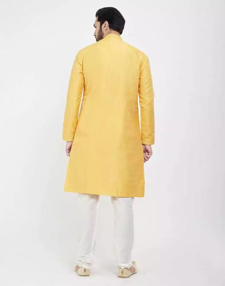 Image of Yellow Thread & Sequence Work Kurta Pajama Set