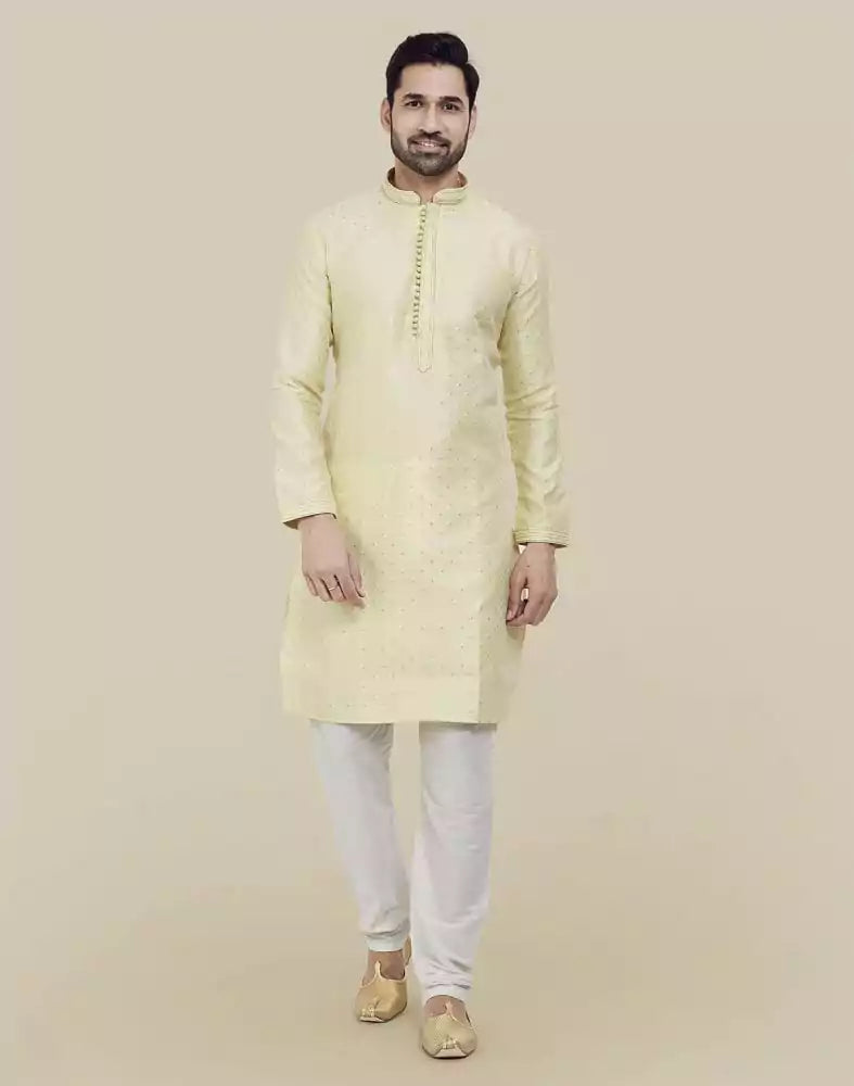 Image of Lemon Self Brocade Jacquard Kurta Pajama Set