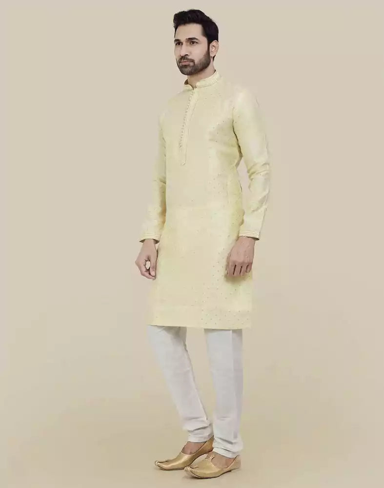 Image of Lemon Self Brocade Jacquard Kurta Pajama Set