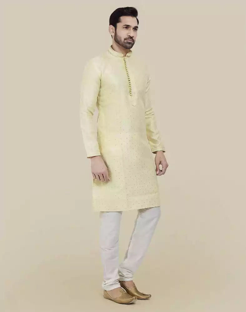 Image of Lemon Self Brocade Jacquard Kurta Pajama Set