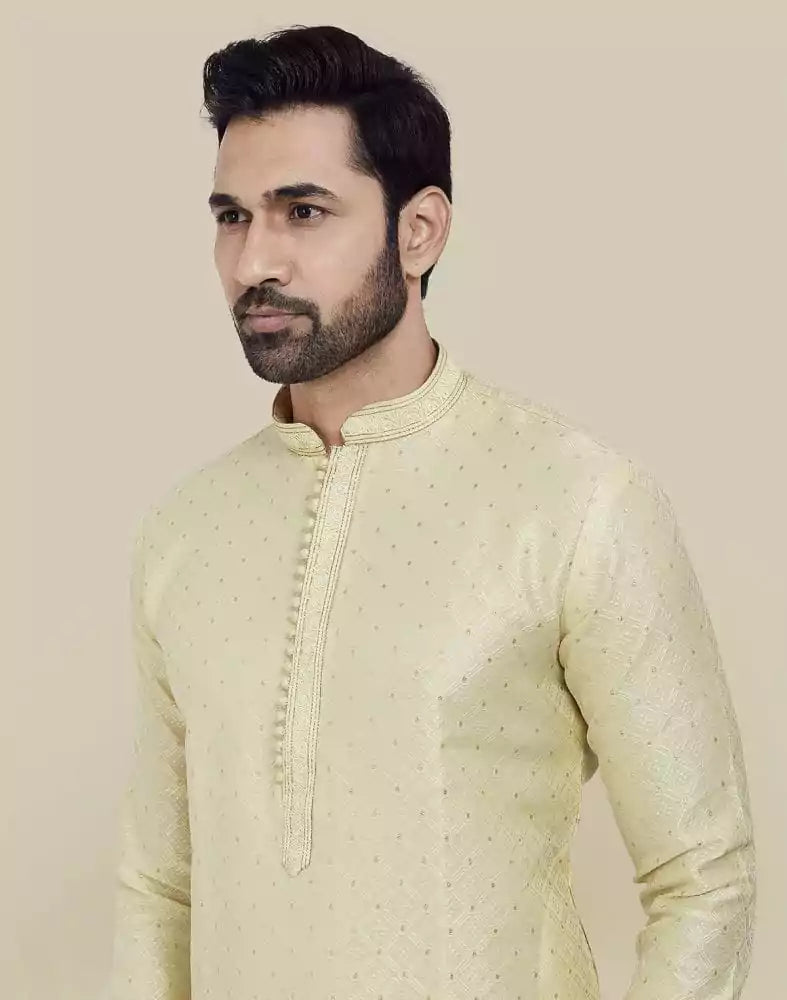 Image of Lemon Self Brocade Jacquard Kurta Pajama Set