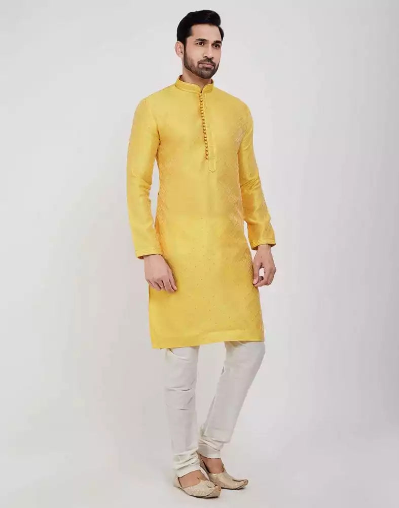 Image of Yellow Self Brocade Jacquard Kurta Pajama Set