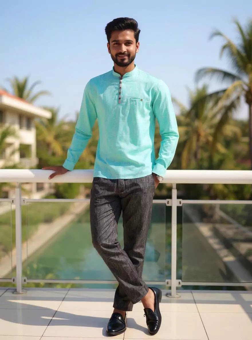 Image of Firozi Colour Linen Plain Short Kurta