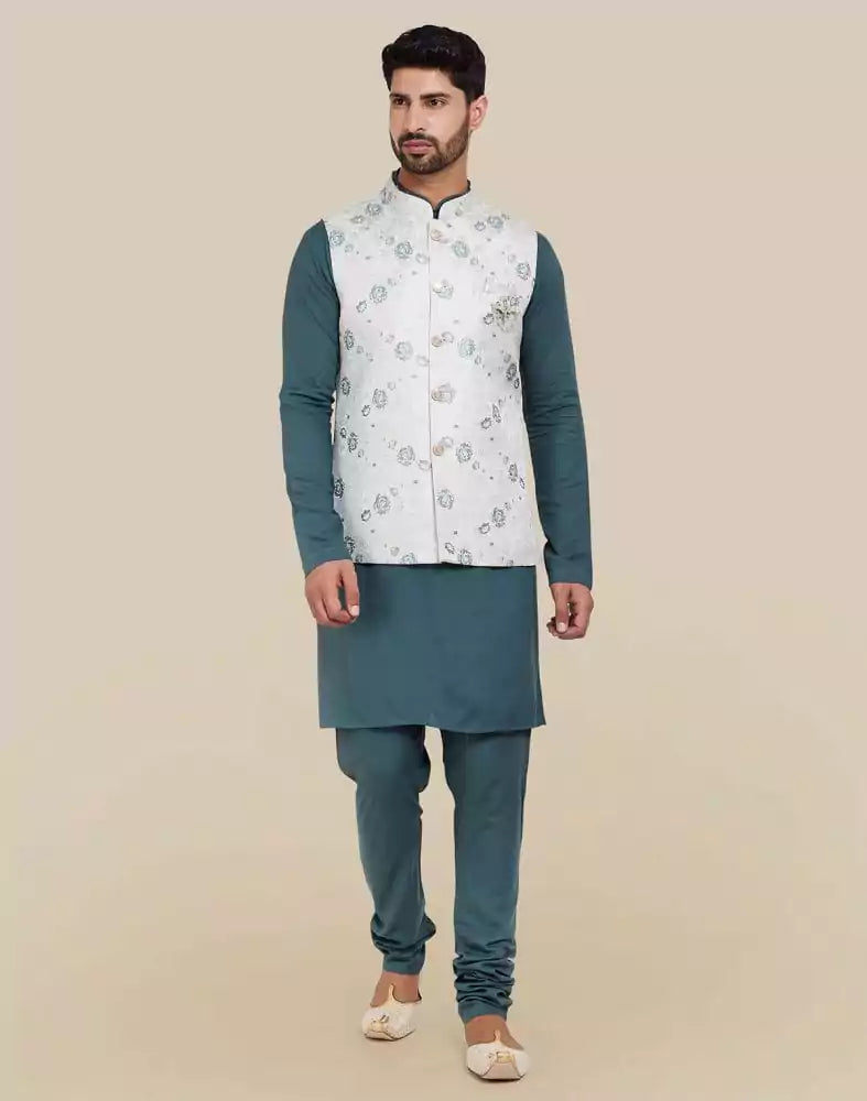 Image of Dark Green Jacquard Self Design Kurta Set