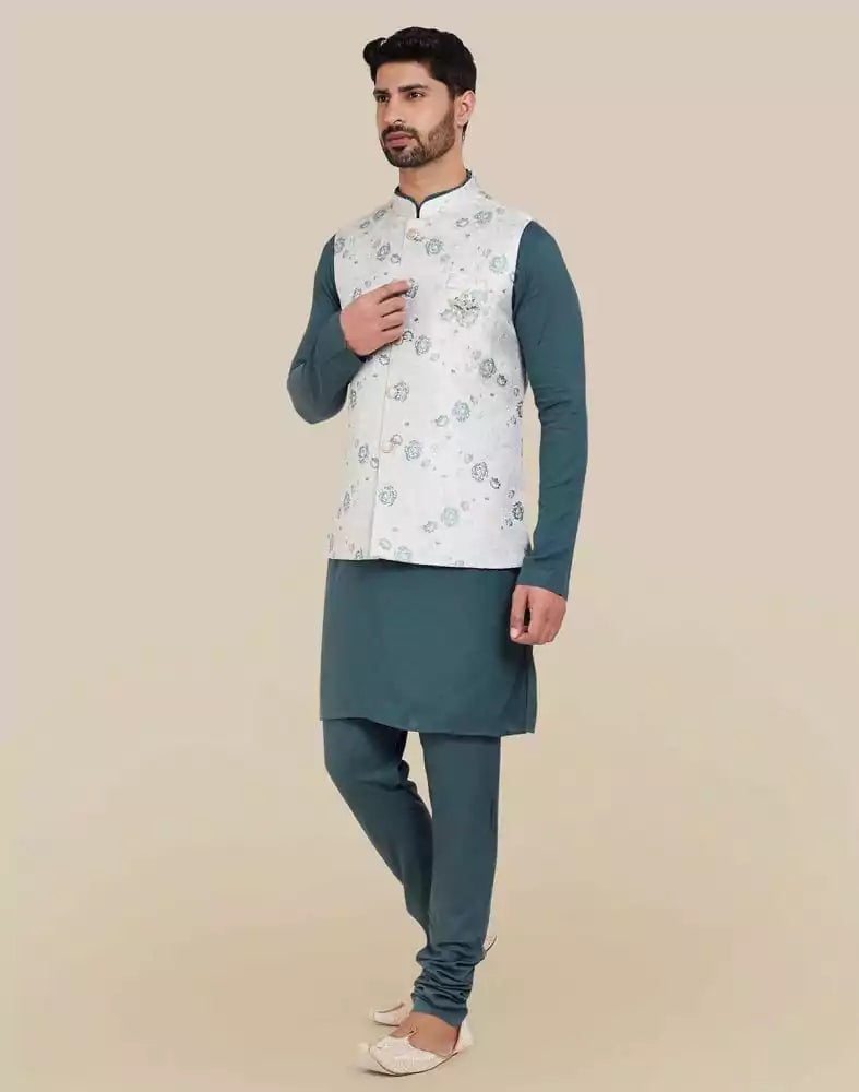 Image of Dark Green Jacquard Self Design Kurta Set