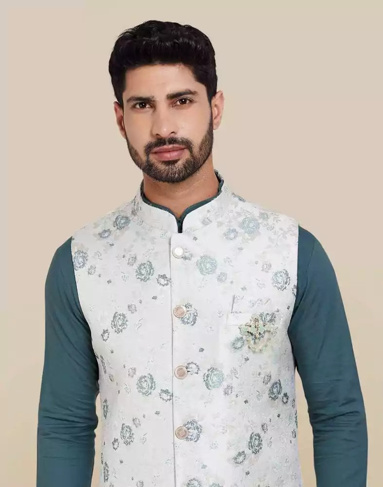 Image of Dark Green Jacquard Self Design Kurta Set