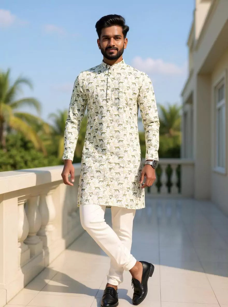 Image of Cream Animal with Leafs Patterned Glaxo Cotton Kurta