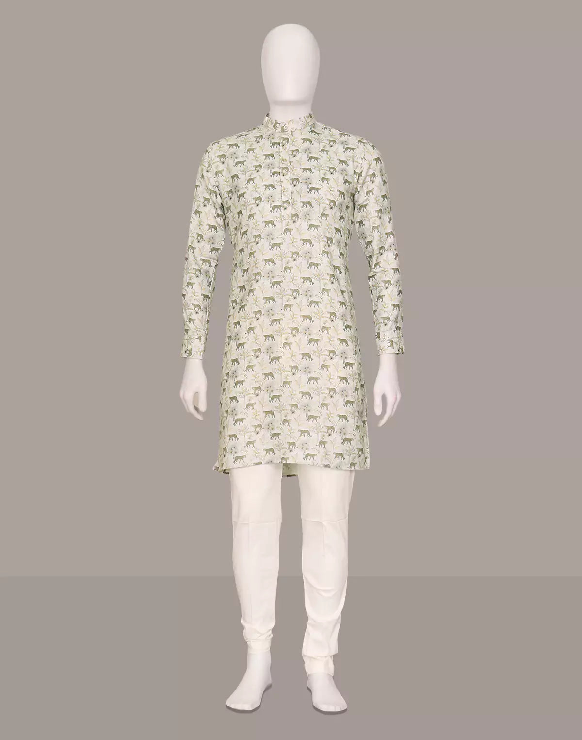 Image of Cream Animal with Leafs Patterned Glaxo Cotton Kurta