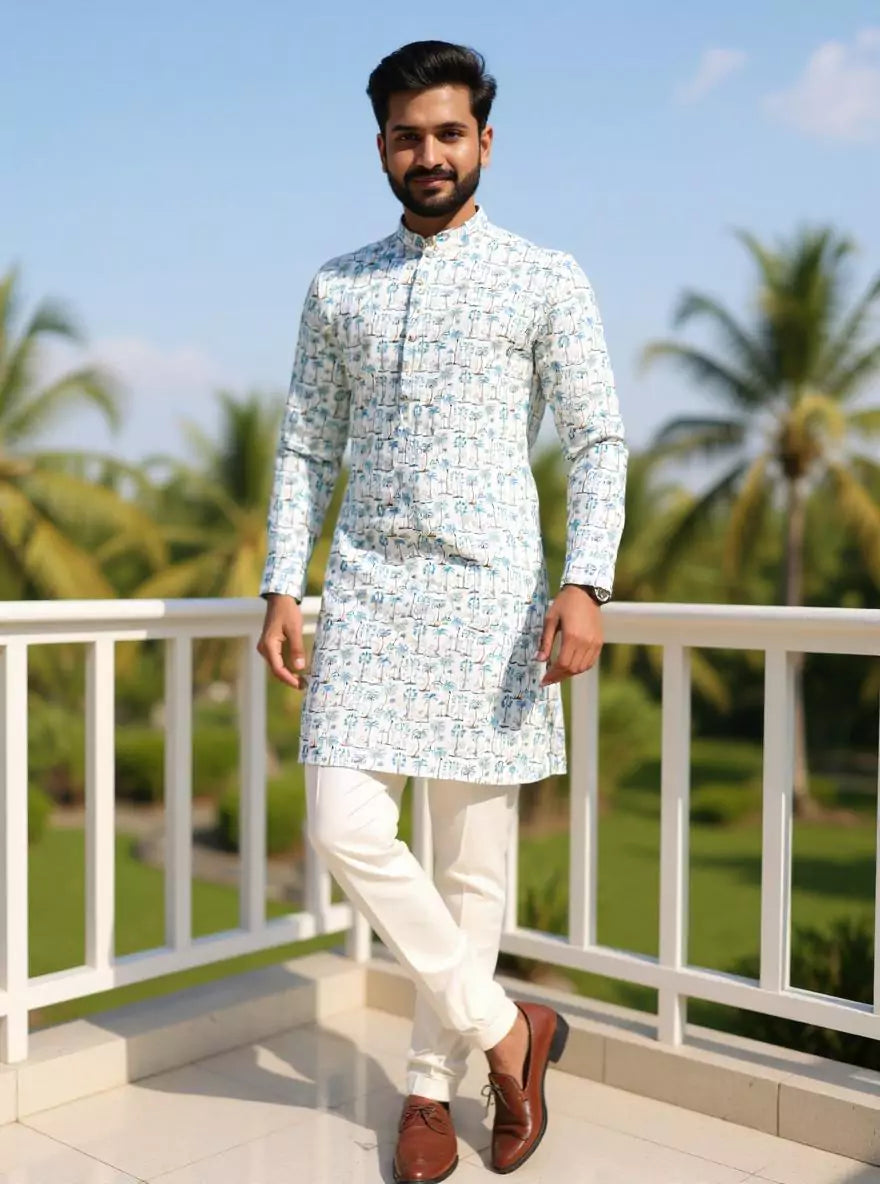 Image of All Over Botanical Print Off White Glaxo Cotton Kurta
