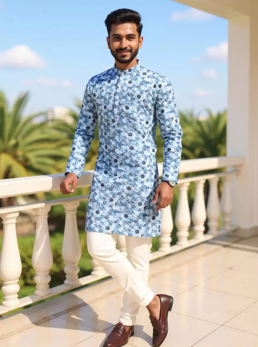 Image of Geometric Printed Cotton Kurta in Sky