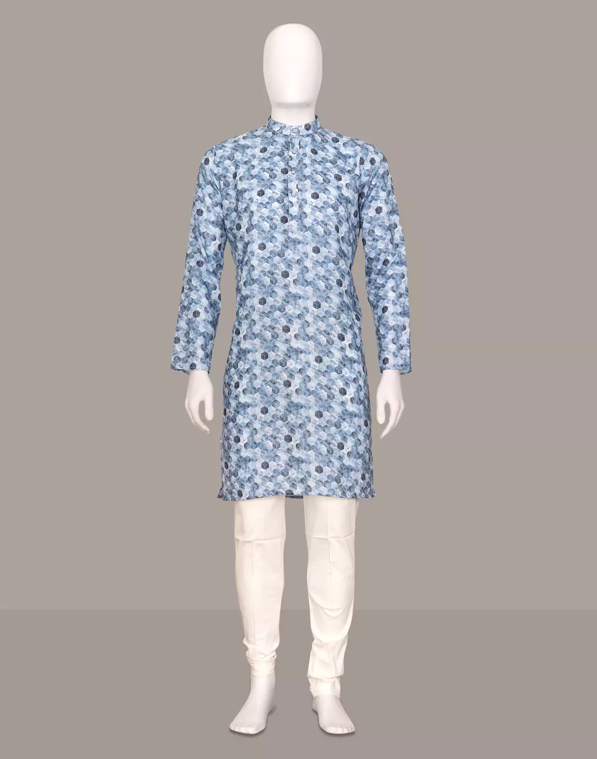 Image of Geometric Printed Cotton Kurta in Sky