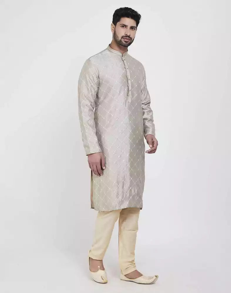 Image of Grey Stylish Thread And Sequence Work Kurta Pajama Set