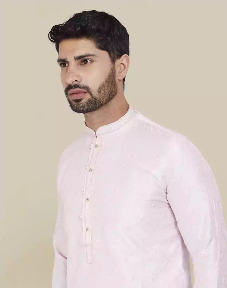 Image of Light Pink Stylish Thread And Sequence Work Kurta Pajama Set