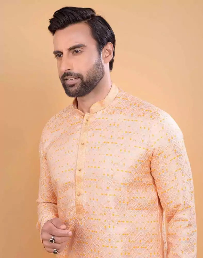 Image of Georgette Peach Self Design Multicolor Combo Kurta Set